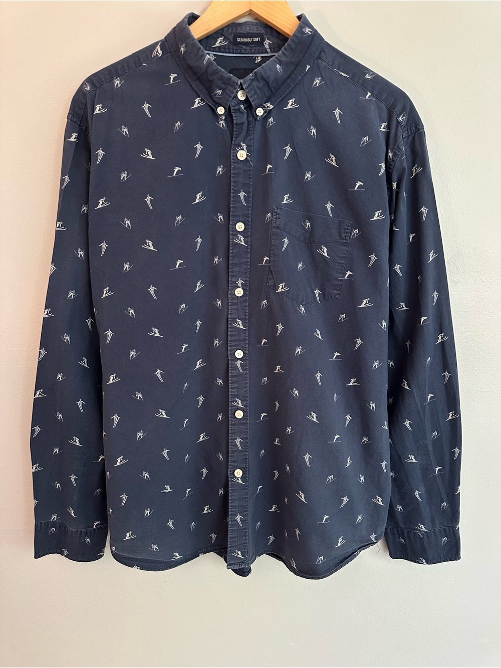 American Eagle Outfitters Navy Button-Down with White Skier Print